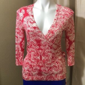 Ann Taylor wraparound 3/4 sleeve coral sweater